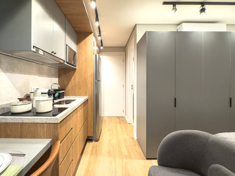 Cozinha e sala do Studio Brooklin